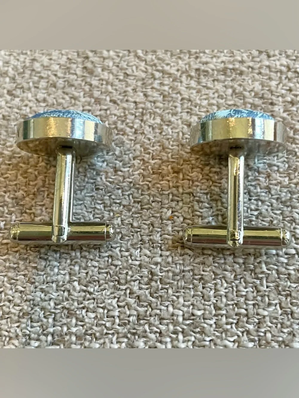Silvertone Light Blue Brocade Fabric Round Cuff Links Men’s Formal Wedding Work
